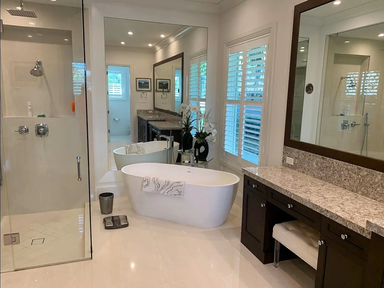 Frosted glass shower enclosure in a finished bathroom